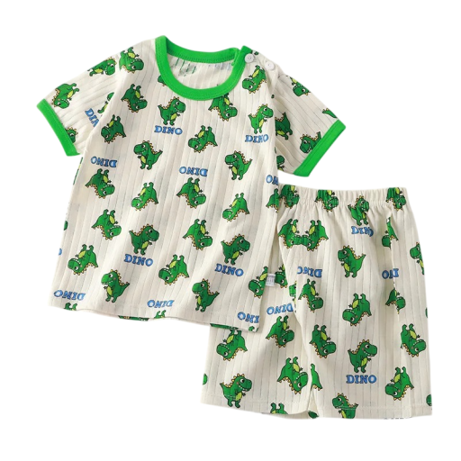 Lasten kesäsetti unisex T-paita lyhyillä hihoilla ja shortsit O-kaula-aukolla Beige asuste vihreillä dinosauruksilla