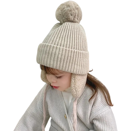 Lasten talvinen korvalakki pompomilla, ympärysmitta 43–58 cm, 2–8 vuotta, puuvilla, polyesteri, lämmin lakki korvaläpillä, talvilakki
