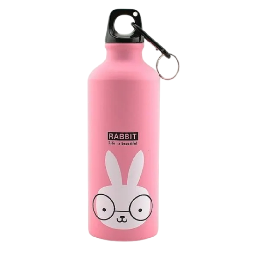 Lasten vaaleanpunainen alumiininen vesipullo 500 ml Lasten retkeilypullo Juomapullo ja korkki Jäniksen motiivi 21 x 6,5 cm Koulupullo