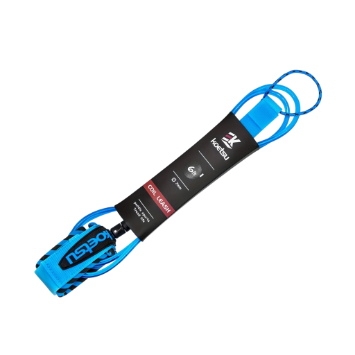 Leash na paddleboard spirálový 183 cm se schovanou kapsičkou na klíče na suchý zip modrý poutko na nohu na SUP surf a vodní sporty