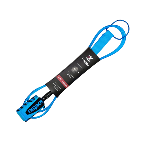 Leash na paddleboard spirálový 210 cm se schovanou kapsičkou na klíče na suchý zip modrý poutko na nohu na SUP surf a vodní sporty