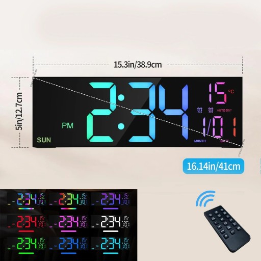 LED-Digitaluhr 40 cm RGB-Hintergrundbeleuchtung Nachtmodus Automatische Helligkeit Fernbedienung Tisch- und Wanduhr USB-Stromversorgung Zeitspeicher