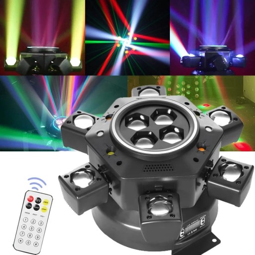 LED effekt fény 150 W 6 mozgatható karral és lézerekkel 31 x 31 x 18 cm fehér és arany stroboszkóppal és DMX vezérléssel 90-240 V