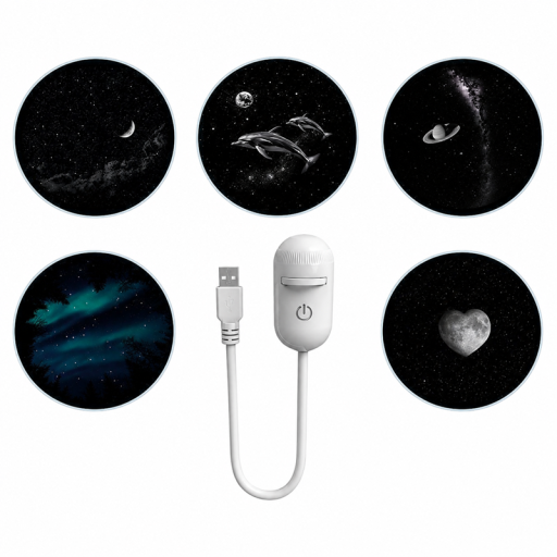 LED projektor hviezdnej oblohy s 5 vymeniteľnými diskami, Saturn, delfín, srdce, hviezdy a mesiac, USB, biely, nočné svetlo do izby aj auta