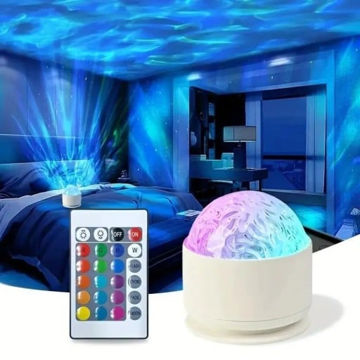 LED projektor vln s ovládačom a 16 farbami, 7,8 x 8,7 cm, USB napájanie, nočné svetlo a dekorácia do spálne alebo detskej izby