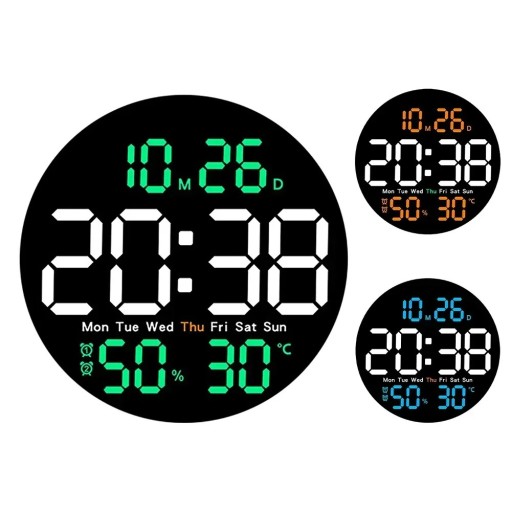 LED-vægur 25,5 cm temperatur/fugtighed uge/dato spejlvisning fjernbetjening timer automatisk dæmpning