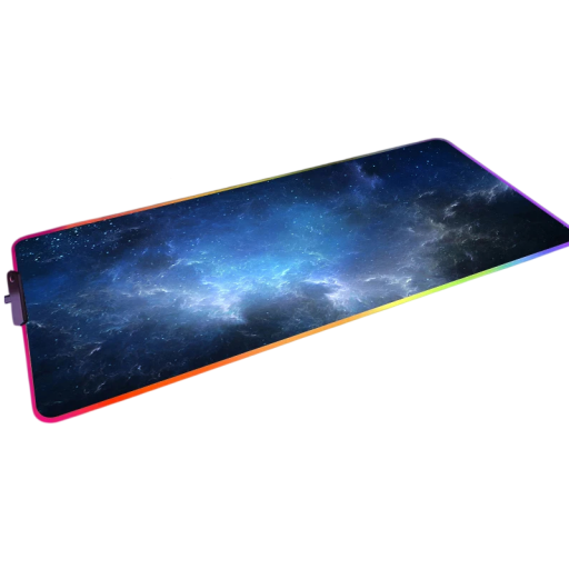 LED-valaistu hiiri- ja näppäimistöalusta 500x1000x3mm tekstiilillä avaruusgrafiikalla sinisessä ja mustassa värissä pelaamiseen