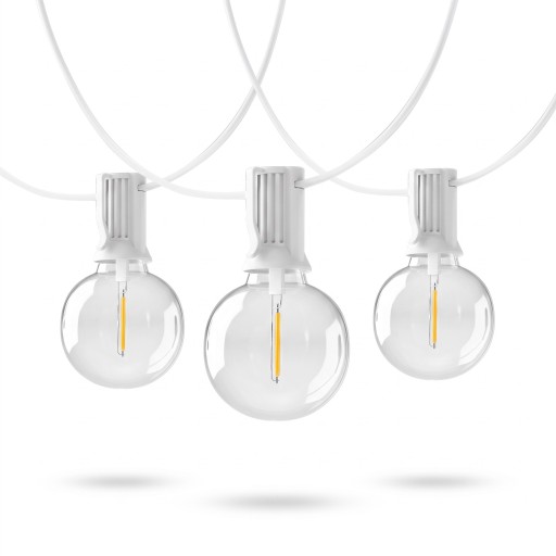 LED venkovní světelný řetěz s 25 žárovkami Délka 15 m Teplé světlo 2200 K Bílý kabel Propojitelný s dalšími řetězy Na zahradu a terasu