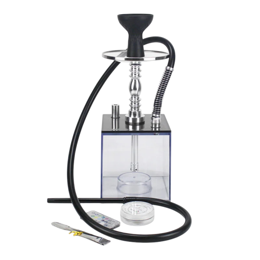 LED világítással és távirányítóval ellátott shisha doboz vízipipa Egy tömlő Magasság 41 cm Átlátszó akril és alumínium Dohányhoz és ízesítésekhez