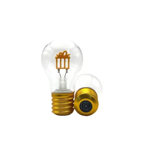 LED žárovka s vláknem ve tvaru dárku A70 USB-C 5 V 2–5 W 7 x 12,5 cm Skleněný kryt a zlatá hliníková objímka Na Vánoce i narozeniny