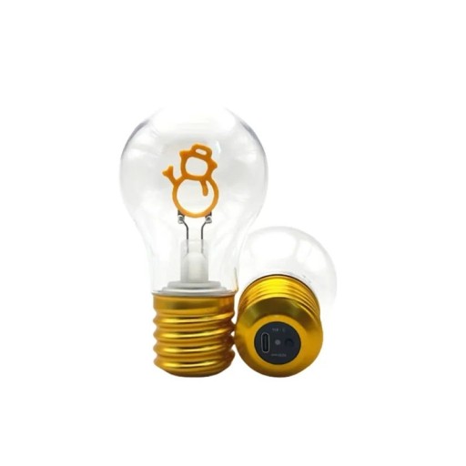 LED žárovka s vláknem ve tvaru sněhuláka s kloboukem A70 USB-C 5 V 2–5 W 7 x 12,5 cm Skleněný kryt a zlatá hliníková objímka Zimní výzdoba