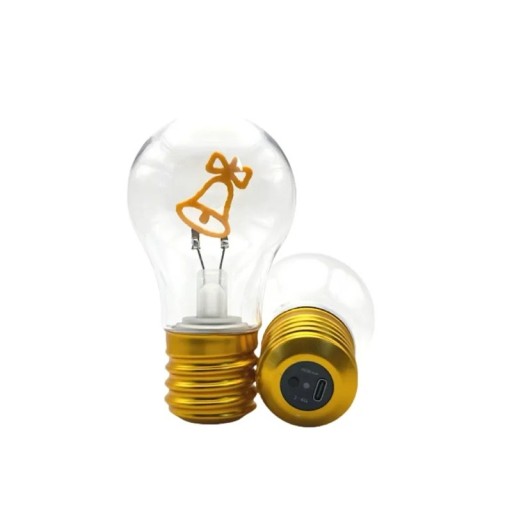LED žárovka s vláknem ve tvaru zvonku s mašlí A70 USB-C 5 V 2–5 W 7 x 12,5 cm Skleněný kryt a zlatá hliníková objímka Adventní dekorace