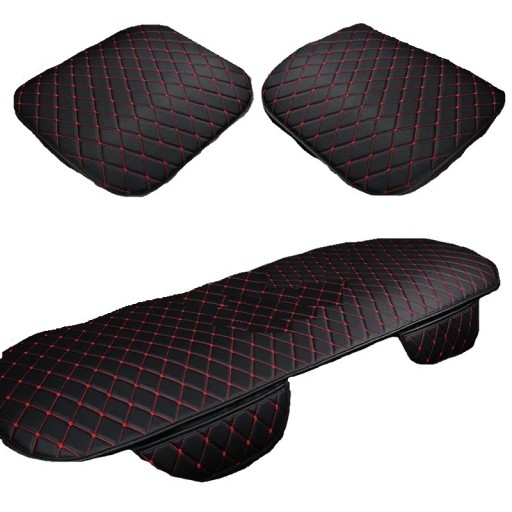 Leder-Auto-Rücken- und Vordersitzbezug, komplettes Set, Autositzbezüge mit roten Nähten, Leder-Autositzkissen, 3-tlg