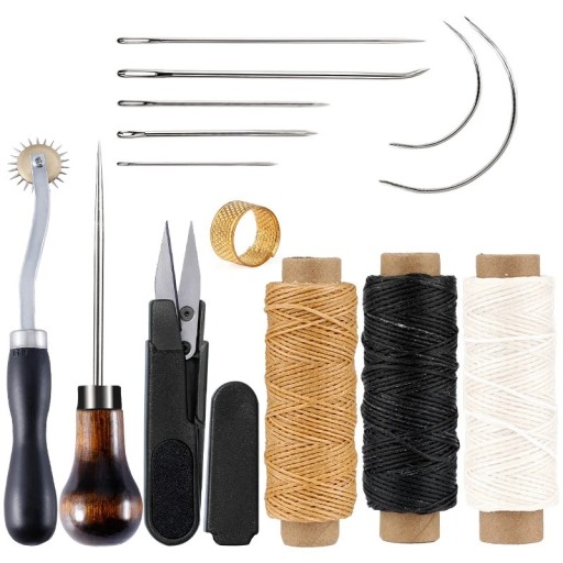 Lederreparatur- und Nähset, Garnschere, Ledernadel, Gravurrad, Goldring, gewachste Fäden, Natur, Weiß, Schwarz, 50 m