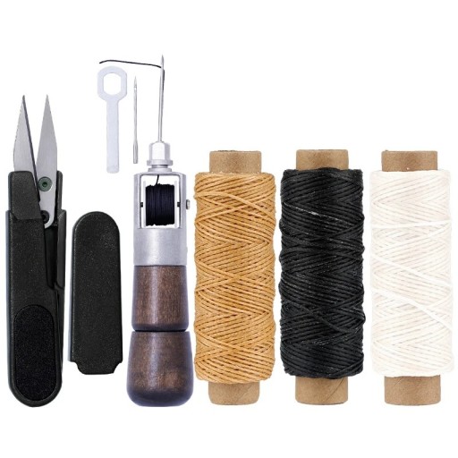 Lederreparatur- und Nähset, Handtacker, Garnschere, gewachste Fäden, naturweiße und schwarze Kordeln, 50 m, Lederprodukte