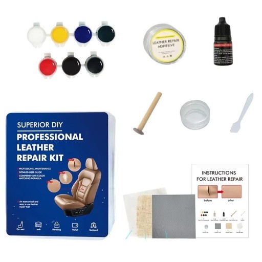 Lederreparaturset Autositze Schuhe Handtaschen Möbel 7 Farben Kleber Strukturpapier Wärmegerät Spachtel Anleitung