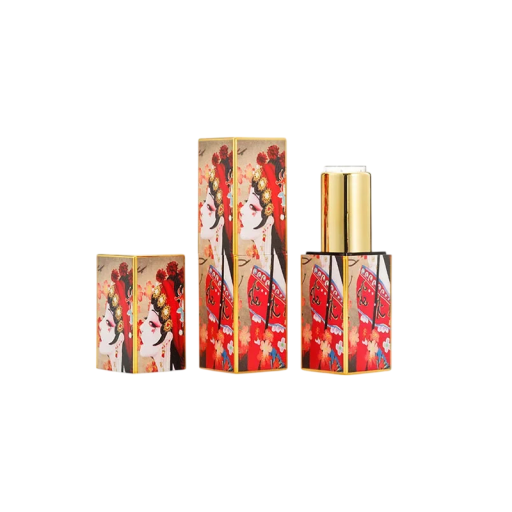 Leerer Lippenstiftbehälter mit magnetischem Verschluss 22×74 mm aus Kunststoff rot mit goldenen Elementen und Gesichtsdruck für Kosmetik