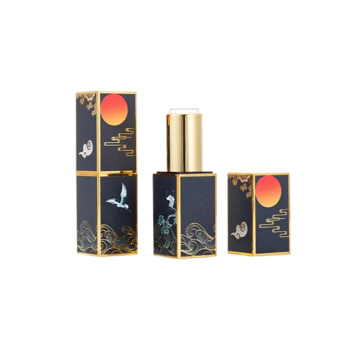 Leerer Lippenstiftbehälter mit Magnetverschluss 22×74 mm Kunststoff schwarz mit goldenen Elementen und Motiv des Kranichs und der Sonne für Kosmetik