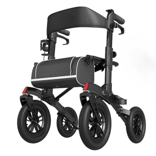 Lehké skládací chodítko pro seniory s kapsičkou a držákem na pití sedátko 30,5 cm nosnost 135 kg základna 57 x 99 cm pro chůzi i odpočinek