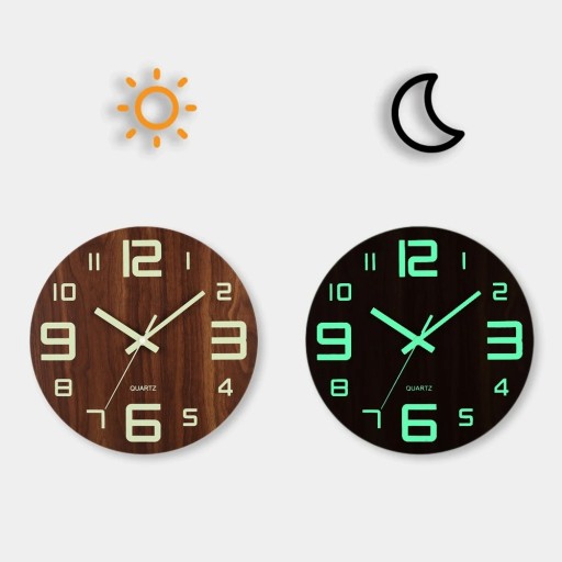 Leise Wanduhr aus Holz 29,7 cm Leuchtende Ziffern Ohne Glas Modernes rundes Design Für Schlafzimmer Büro Küche Dekorative Uhr