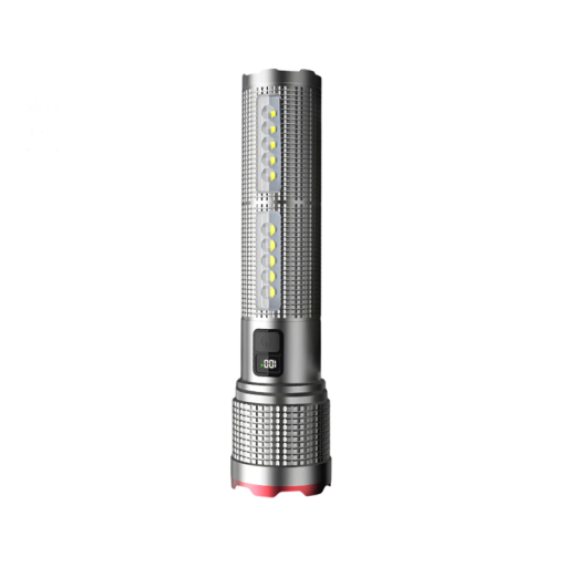 Leistungsstarker LED Taschenlampe mit teleskopischem Zoom USB-C wiederaufladbar 23 × 4,5 × 5,7 cm mit Display und Powerbank-Funktion