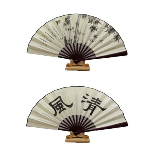 Leque chinês dobrável de seda e bambu Pintura e caligrafia Aberto 60 x 33 cm Doblado 33 x 3 cm Para abanar e como decoração