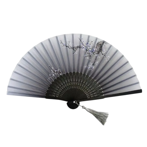 Leque feminino chinês em bambu e papel Leque dobrável cinza com padrão de ramo florido Acessório elegante para o verão e festivais