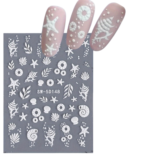 Letní plážové bílé samolepky na nehty 5D mušle hvězdice šroubovací lepidlo Nail Art slidery reliéfní obtisky fólie dekorace manikúra