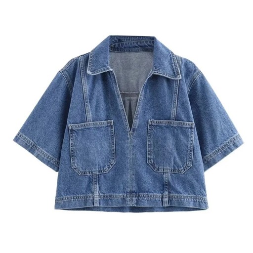 Letnia niebieska koszula jeansowa z krótkim rękawem Skrócony krój Stylowa bluzka damska Jeans na lato Moda codzienna