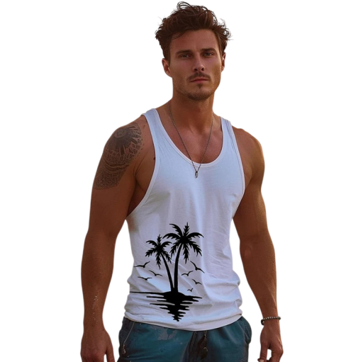Letnie męskie tank topy Materiał poliestrowy Okrągły dekolt Wzór palm Lejący prosty krój Kolorowy design Na czas wolny