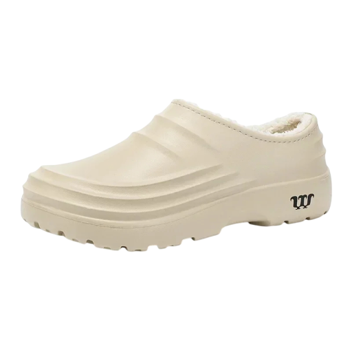 Lette, vandtætte hjemmesko med lukket tå og pels. Massiv, skridsikker sål. Isolerede hjemmesko. Moderne, minimalistisk design.