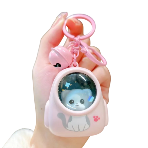Leuchtender rosa Schlüsselanhänger mit Katze im Raumanzug 5 x 6 cm Plastischer LED Schlüsselanhänger Dekoration für Rucksack