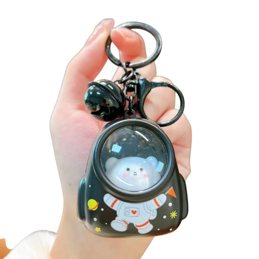 Leuchtender schwarzer Schlüsselanhänger mit Bären im Raumanzug 5 x 6 cm Kunststoff LED Schlüsselanhänger Dekoration für Rucksack
