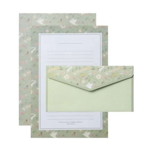 Levélpapír és boríték készlet 14 x 21 cm 6 db papír 8,5 x 16,5 cm 3 db boríték virágmintás zöld írókészlet