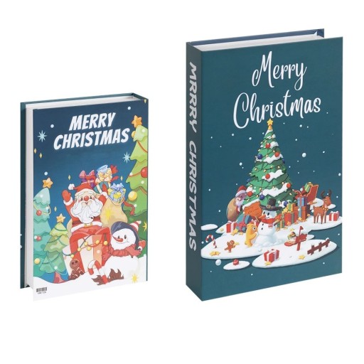 Libro decorativo natalizio falso Merry Christmas Imitazione di libro su scaffale Decorazione libraria invernale Babbo Natale pupazzo di neve albero di Natale