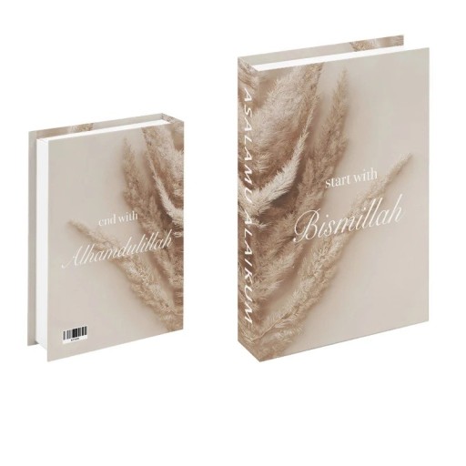 Libro falso abrible Bismillah Alhamdulillah Diseño natural beige Caja decorativa de almacenamiento para objetos de valor