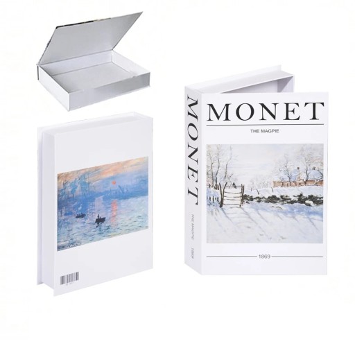 Libro falso decorativo Monet – espacio de almacenamiento, abrible, blanco con diseño de la obra "La urraca"