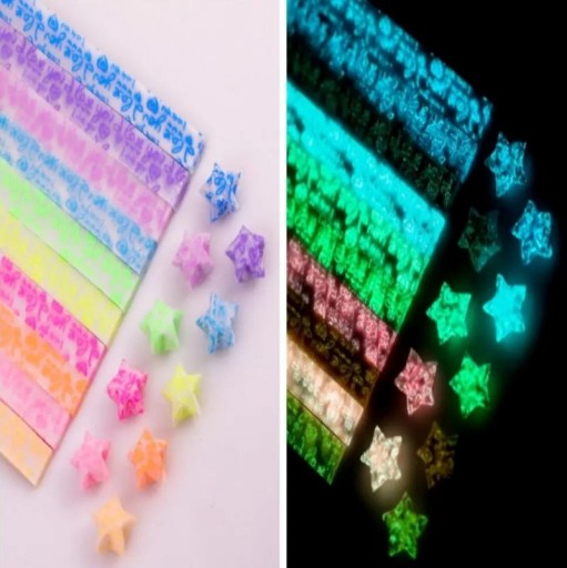 Lichtgevende origami papieren stroken 210 stuks gekleurd vouwpapier met bedrukking van symbolen lichtgevend DIY papier voor het maken van sterren en decoraties
