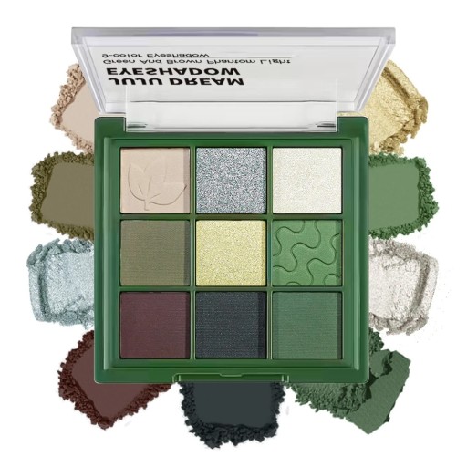 Lidschattenpalette 9 Farben Grüntöne Matte und schimmernde langanhaltende pigmentierte Augen-Make-up mit Blatt- und Wellenrelief