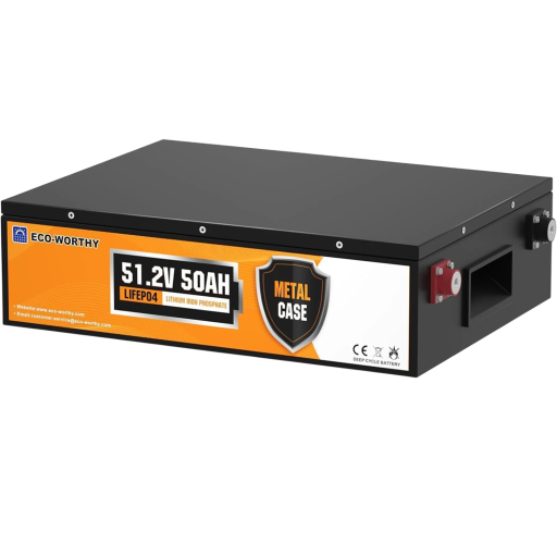 LiFePO4 Batterie ECO-WORTHY 48 V 51,2 V 50 Ah 2560 Wh 200 A 43,7 x 12,5 x 33,3 cm Metallgehäuse mit BMS und M8 Schwarz Für Solarsysteme
