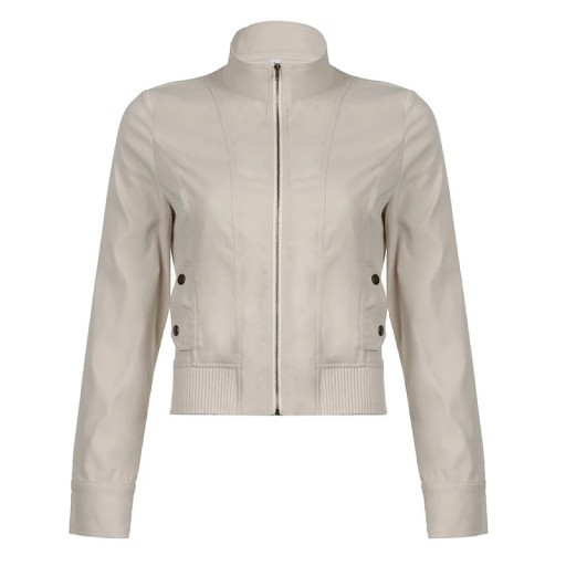 Light Grey Women's Zip-Up Jacket Short Coat with Collar Spring Autumn Jacket Elegant Waistcoat with Cuffs Urban Style