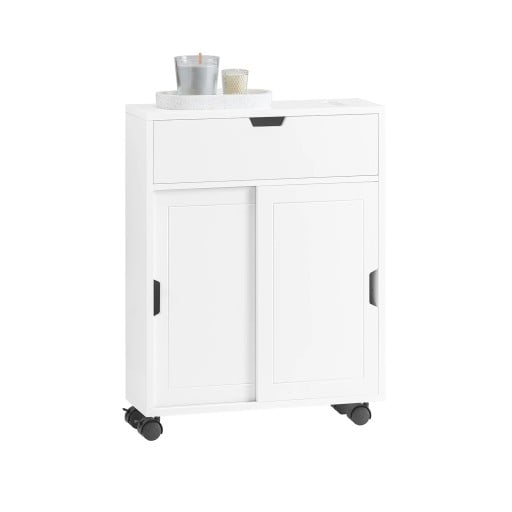 Liikkuva kylpyhuonekaappi 52 x 68 x 17 cm Liukuovilla ja neljällä pyörällä Kantavuus jopa 15 kg Kapea malli valkoisena