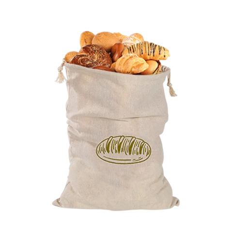 Linen Bread Bag with Drawstring 30x40 cm Beige with Bread Print Textile Bag for Storing Bread and Rolls