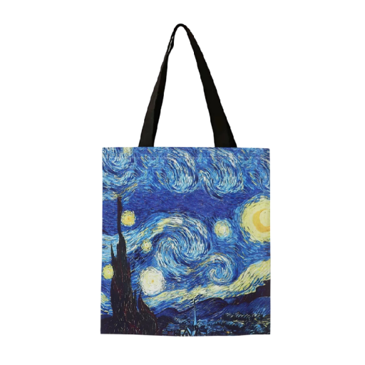 Linen Shoulder Bag with Oil Painting Motif 30x35 cm Polyester Fibre Blue Multicoloured Everyday Use and Shopping