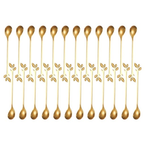 Lingurițe lungi din oțel inoxidabil cu mâner decorativ în formă de frunză, lingurițe de desert pentru cafea, ceai, înghețată, fructe, tacâmuri elegante 24 buc