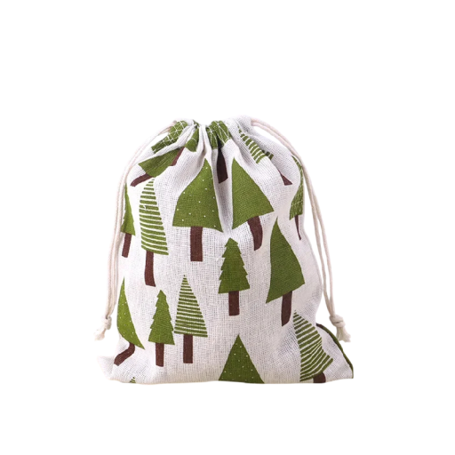 Linnen zakje met trekkoord 14x16 cm licht linnen met groene bedrukking van bomen voor het opslaan van kleine spullen en het inpakken van cadeaus