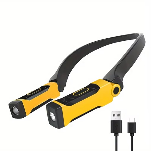 Linterna LED de cuello con luz dual 10 cm recargable por USB amarilla cabezales giratorios 120° linterna de trabajo manos libres