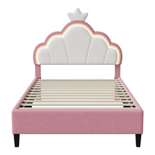 Lit enfant 90 x 200 cm Design princesse avec couronne Éclairage LED RGB Tête de lit réglable Sommier à lattes Rose et blanc