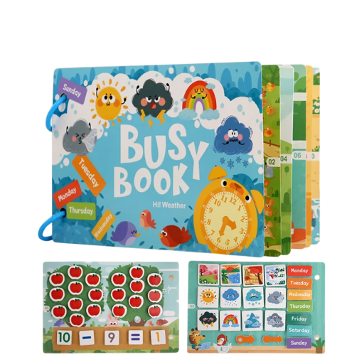 Livro educativo interativo 28 x 20,7 cm Tempo e clima Livro didático para crianças Dias da semana, estações do ano e operações básicas