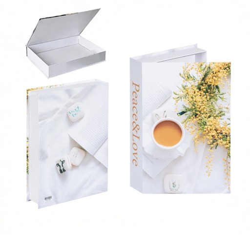 Livro falso decorativo Peace&Love – espaço de armazenamento, abrível, branco com motivo de flores e chá